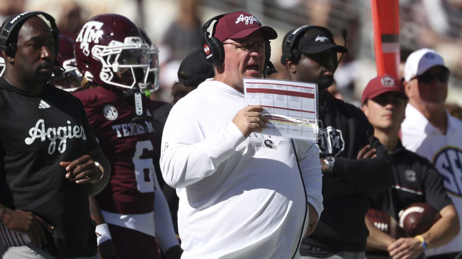 Texas A&M Aggies head coach Mike Elko reacts on the sideline during the second quarter against the South Carolina Gamecocks at Kyle Field.