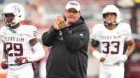 Texas A&M Aggies head coach Mike Elko prior to the game against the Arkansas Razorbacks at Donald W. Reynolds Razorback Stadium.