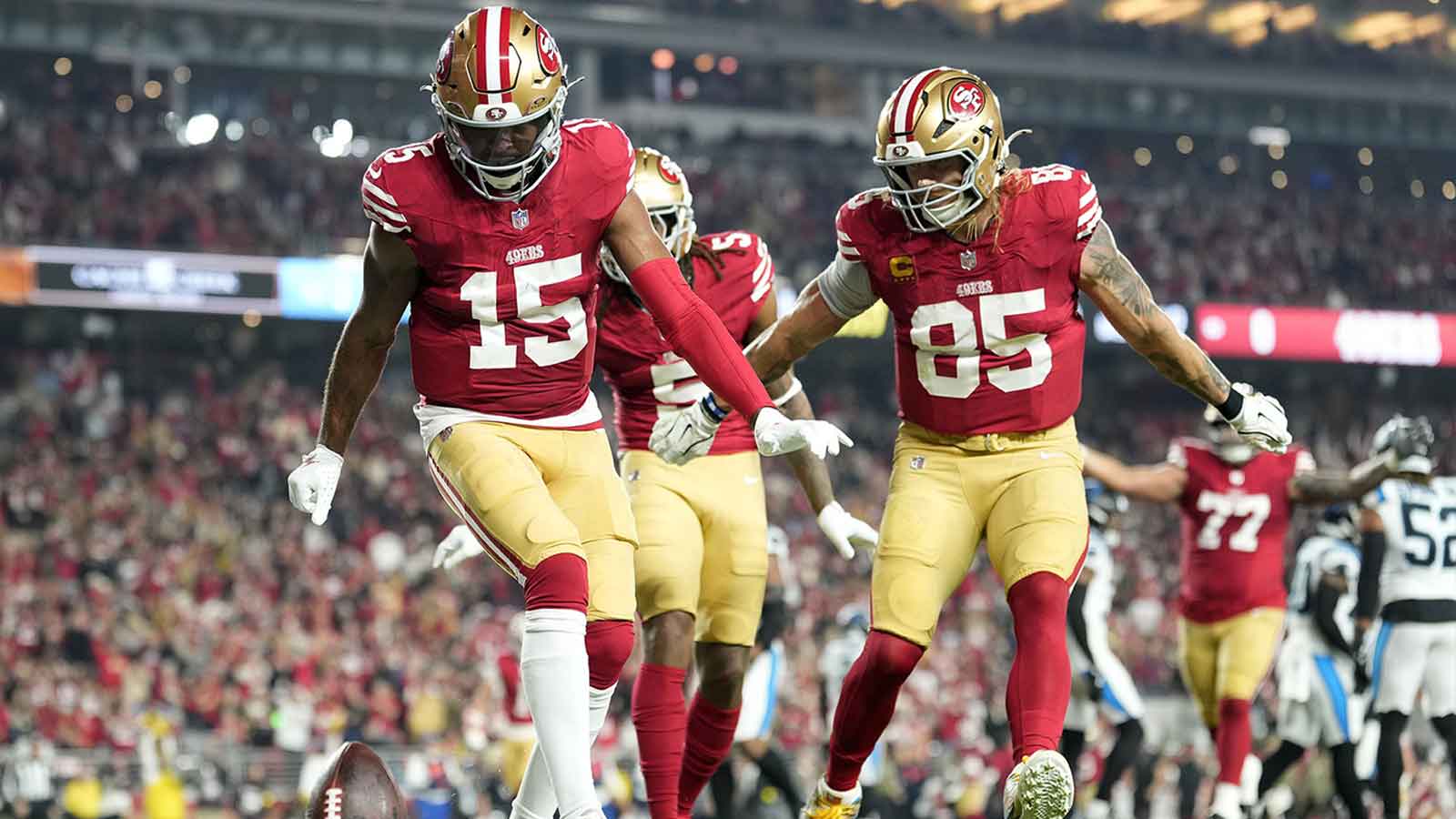 San Francisco 49ers wide receiver Jauan Jennings (15) reacts after scoring a touchdown against the Carolina Panthers during the first half at Levi's Stadium.