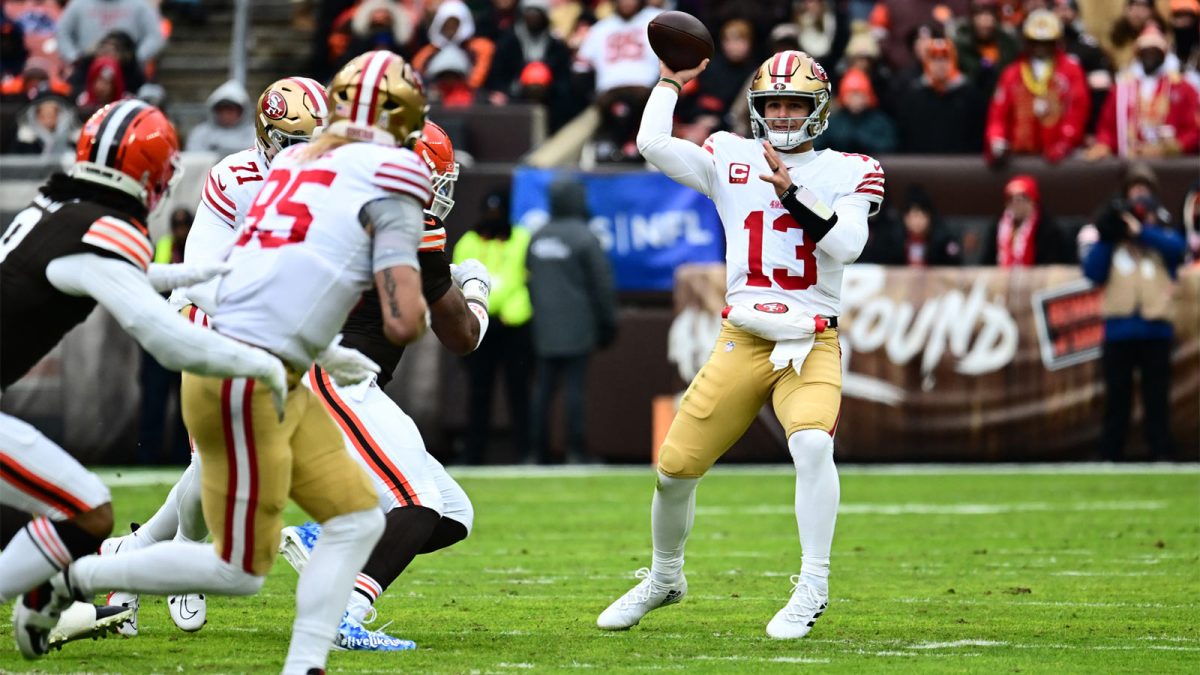 San Francisco 49ers quarterback Brock Purdy (13) makes a pass during the first half against the Cleveland Browns at Huntington Bank Field.
