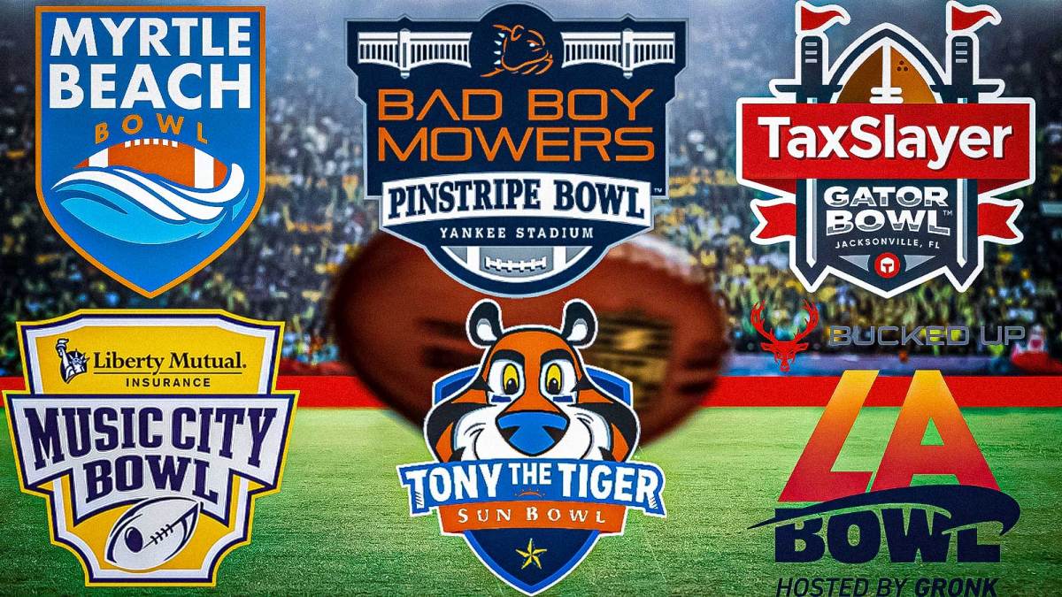 Bowl game logos for the Bucked Up La Bowl, Myrtle Beach Bowl, Pinstripe Bowl, Gator Bowl, Music City Bowl, and Sun Bowl with question marks around it all.