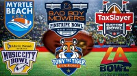 Bowl game logos for the Bucked Up La Bowl, Myrtle Beach Bowl, Pinstripe Bowl, Gator Bowl, Music City Bowl, and Sun Bowl with question marks around it all.
