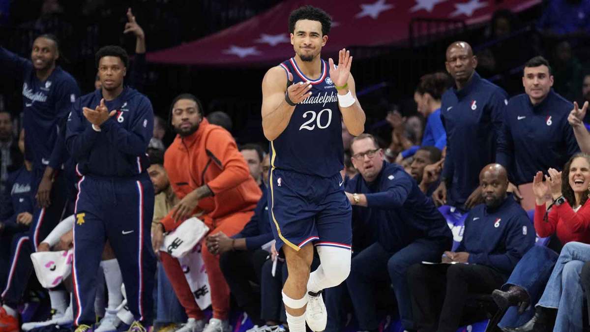 76ers guard Jared McCain celebrates