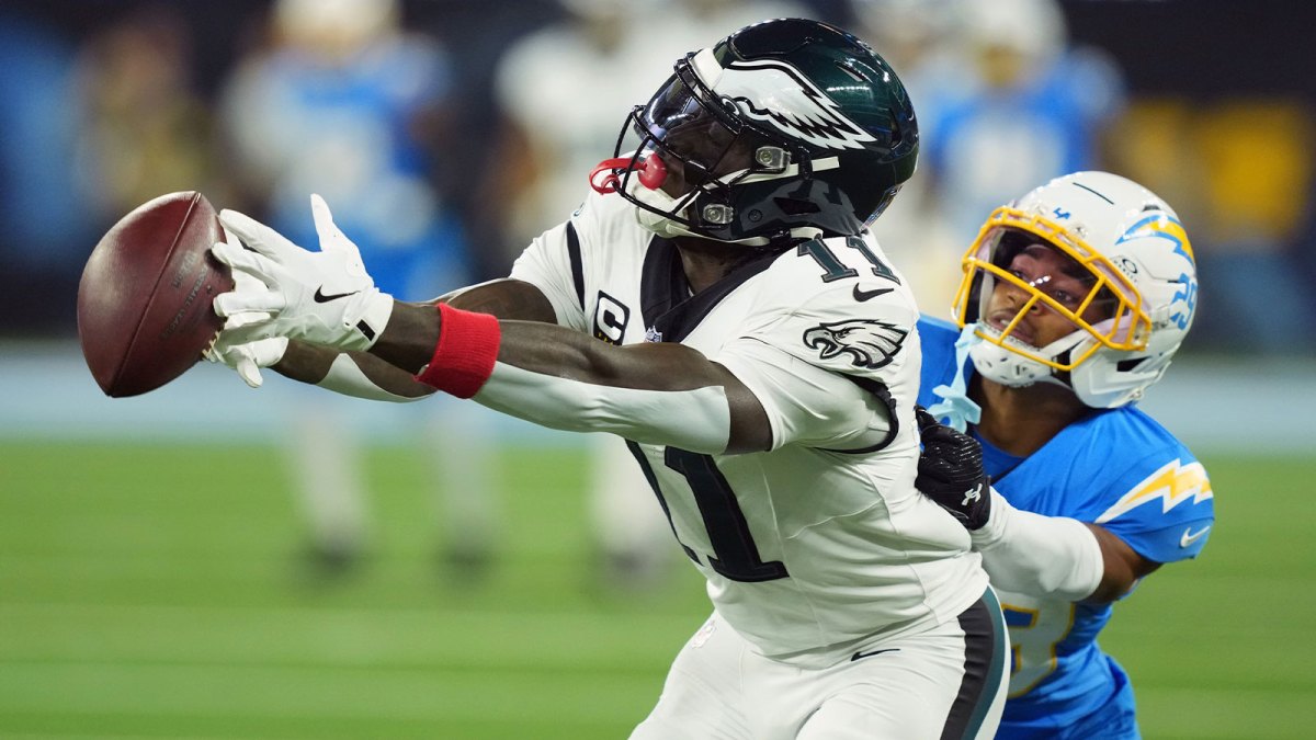 Philadelphia Eagles wide receiver A.J. Brown (11) cannot make a catch against Los Angeles Chargers cornerback Tarheeb Still (29) at SoFi Stadium.