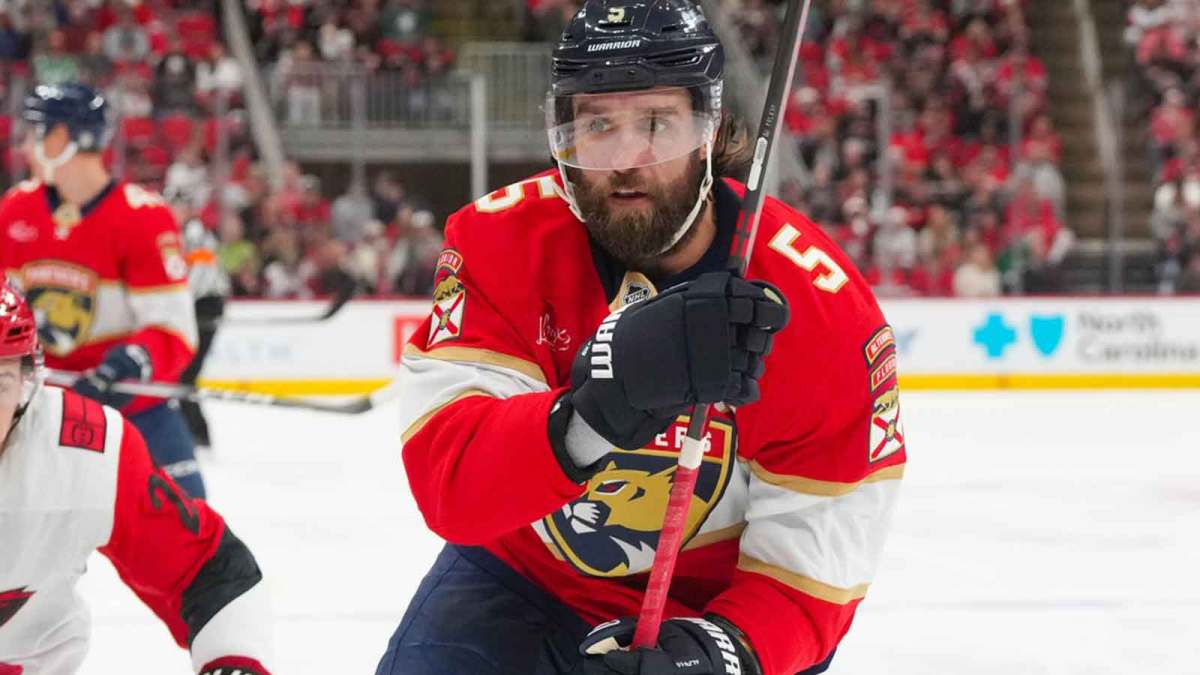 Florida Panthers defenseman Aaron Ekblad (5) skates against the Carolina Hurricanes during the first period at Lenovo Center.