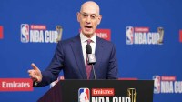 NBA commissioner Adam Silver speaks during press conference at the Emirates NBA Cup Final at T-Mobile Arena.