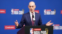 NBA commissioner Adam Silver speaks during press conference at the Emirates NBA Cup Final at T-Mobile Arena.
