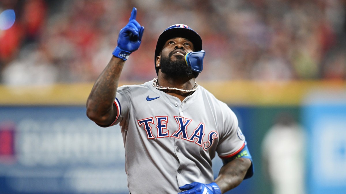 Texas Rangers designated hitter Adolis Garcia (53) rounds the bases after hitting a home run against the Cleveland Guardians during the fourth inning at Progressive Field.