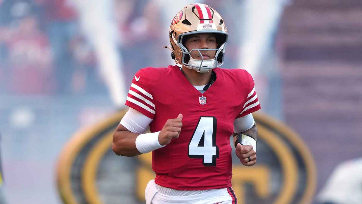 Oct 19, 2025; Santa Clara, California, USA; San Francisco 49ers quarterback Adrian Martinez (4) before the game against the Atlanta Falcons at Levi's Stadium.