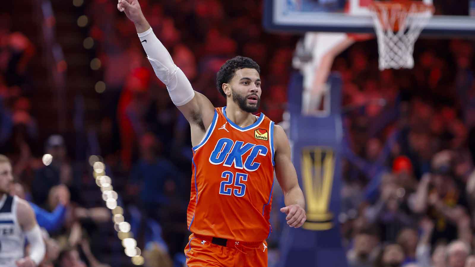 Oklahoma City Thunder guard Ajay Mitchell (25) gestures to his team during a play against the Minnesota Timberwolves during the second half at Paycom Center. 