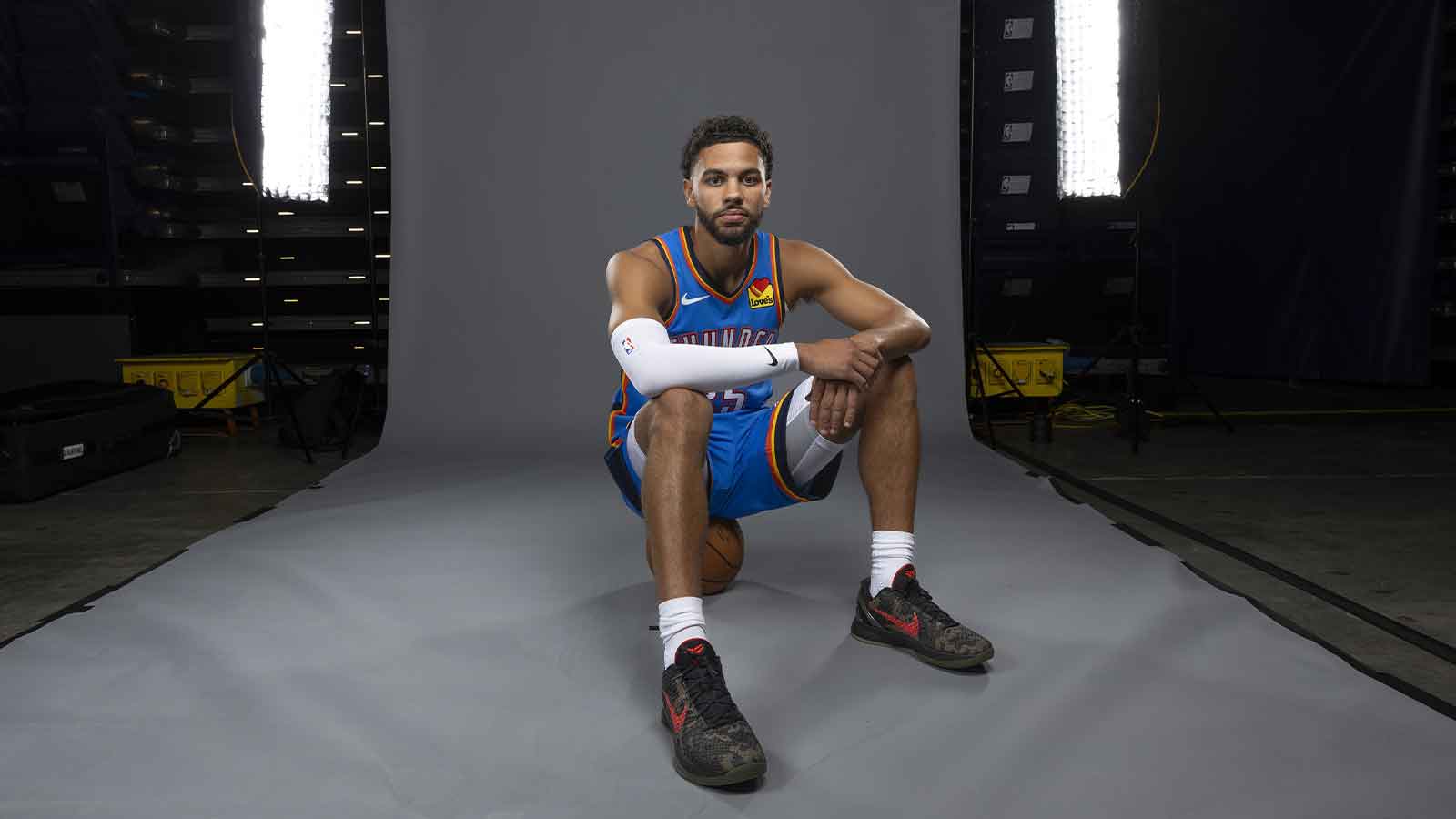 Oklahoma City Thunder guard Ajay Mitchell (25) poses for a photo during the 2025 Oklahoma City Thunder media day at Paycom Center.