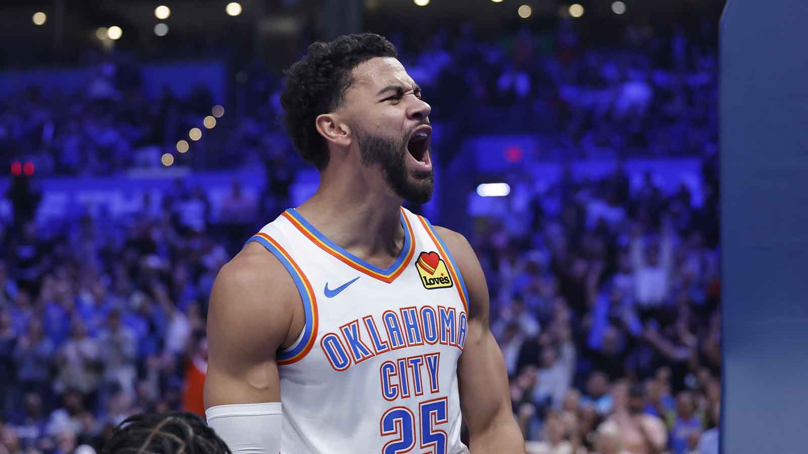 Oklahoma City Thunder guard Ajay Mitchell (25) celebrates after scoring against the Sacramento Kings during the second half at Paycom Center. 