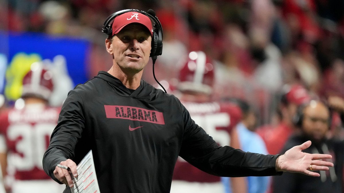 Dec 6, 2025; Atlanta, GA, USA; Alabama head coach Kalen DeBoer gestures on the sidelines after a dropped pass in the end zone against Georgia at Mercedes-Benz Stadium. Mandatory Credit: Gary Cosby Jr.-Tuscaloosa News