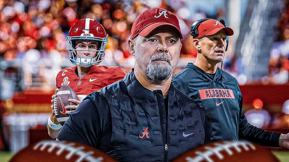Ryan Grubb, Kalen DeBoer, and Ty Simpson In front of Alabama logo