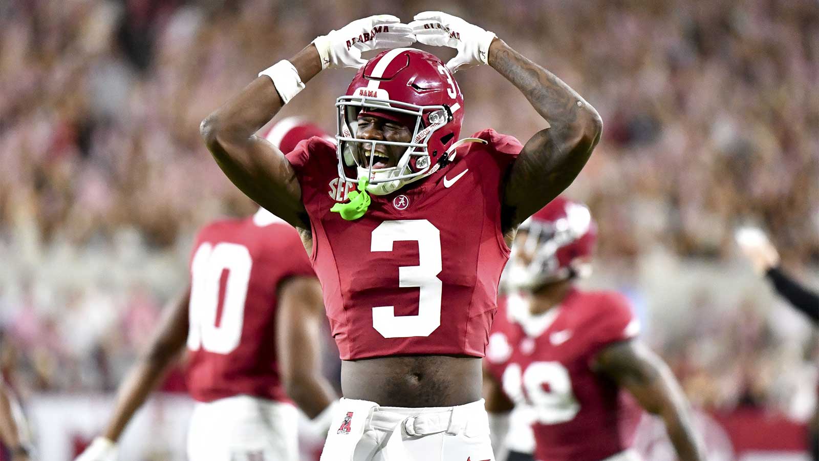 Alabama Crimson Tide defensive back Keon Sabb (3) celebrates after a safety was called on an intentional grounding penalty against the Georgia Bulldogs at Bryant-Denny Stadium.