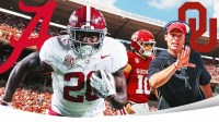 Alabama RB Jam Miller in front on the left side with an Alabama logo behind him Oklahoma's Brent Venables and John Mateer in the background on the other side with an Oklahoma logo behind them