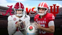 Ty Simpson on the left with the Alabama logo behind him, Fernando Mendaoa with the Indiana logo on the right. VS in the middle. Rose Bowl logo either Under vs or the background.