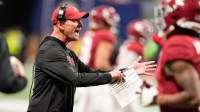 Alabama Crimson Tide head coach Kalen Deboer reacts during the fourth quarter against the Georgia Bulldogs during the 2025 SEC Championship game at Mercedes-Benz Stadium.