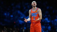 Oklahoma City Thunder guard Alex Caruso (9) reacts in the games closing seconds against the San Antonio Spurs during the fourth quarter at T-Mobile Arena.