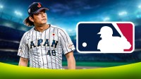Japanese pitcher Tatsuya Imai, MLB logo next to him