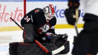 Buffalo Sabres goaltender Alex Lyon (34) makes a save during the third period against the Philadelphia Flyers at KeyBank Center.
