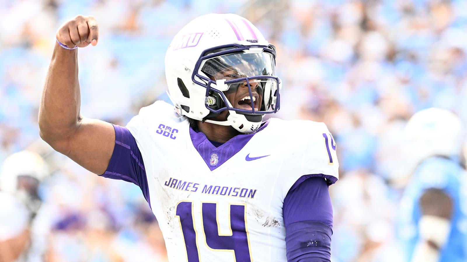 James Madison Dukes quarterback Alonza Barnett III (14) reacts in the second quarter at Kenan Memorial Stadium.