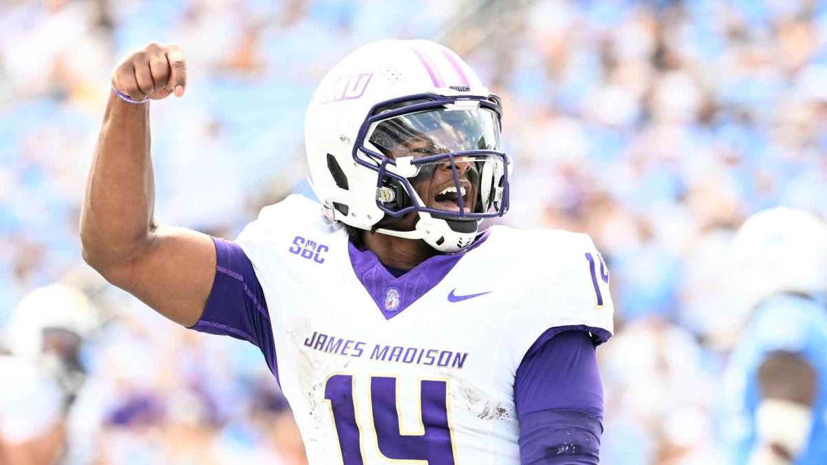 James Madison Dukes quarterback Alonza Barnett III (14) reacts in the second quarter at Kenan Memorial Stadium.