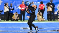 Detroit Lions wide receiver Amon-Ra St. Brown (14) celebrates a touchdown in the second quarter against the New York Giants at Ford Field.