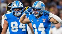 Detroit Lions wide receiver Amon-Ra St. Brown (14) celebrates a first down against Pittsburgh Steelers during the first half at Ford Field in Detroit on Sunday, Dec. 21, 2025.
