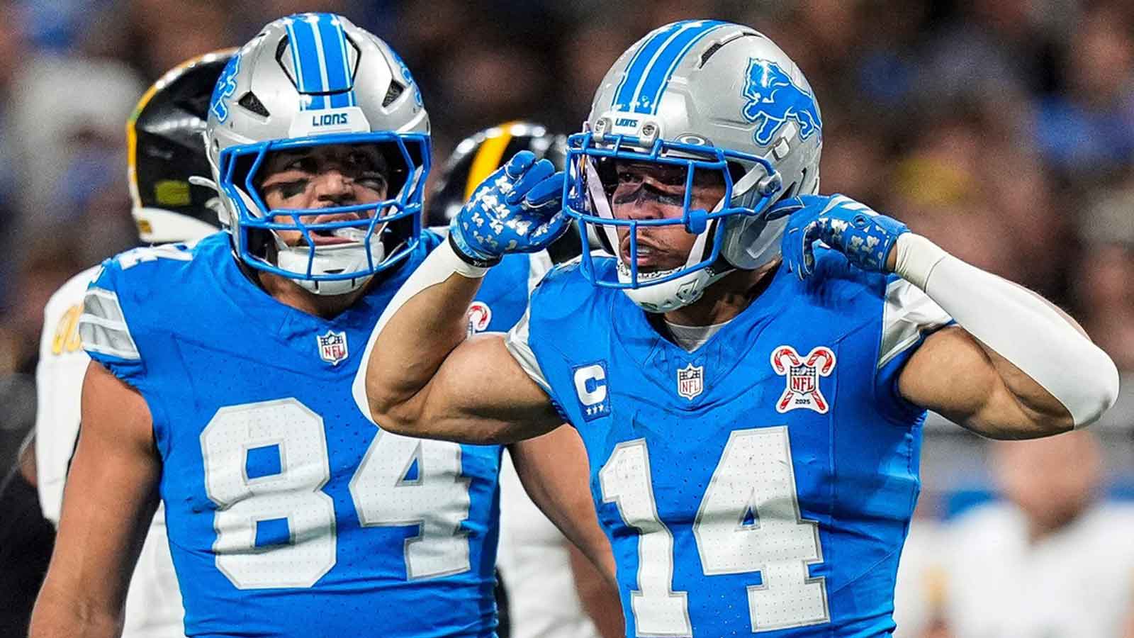 Detroit Lions wide receiver Amon-Ra St. Brown (14) celebrates a first down against Pittsburgh Steelers during the first half at Ford Field in Detroit on Sunday, Dec. 21, 2025.