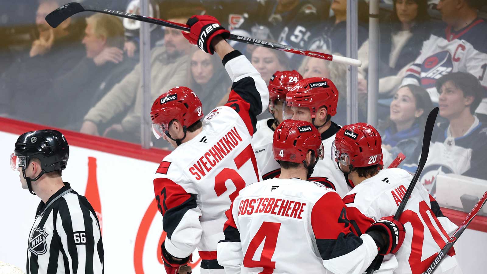 Carolina Hurricanes right wing Andrei Svechnikov (37) celebrates his goal against the Winnipeg Jets in the third period at Canada Life Centre.