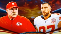 Travis Kelce and coach Andy Reid beside each other, Sunset in the background