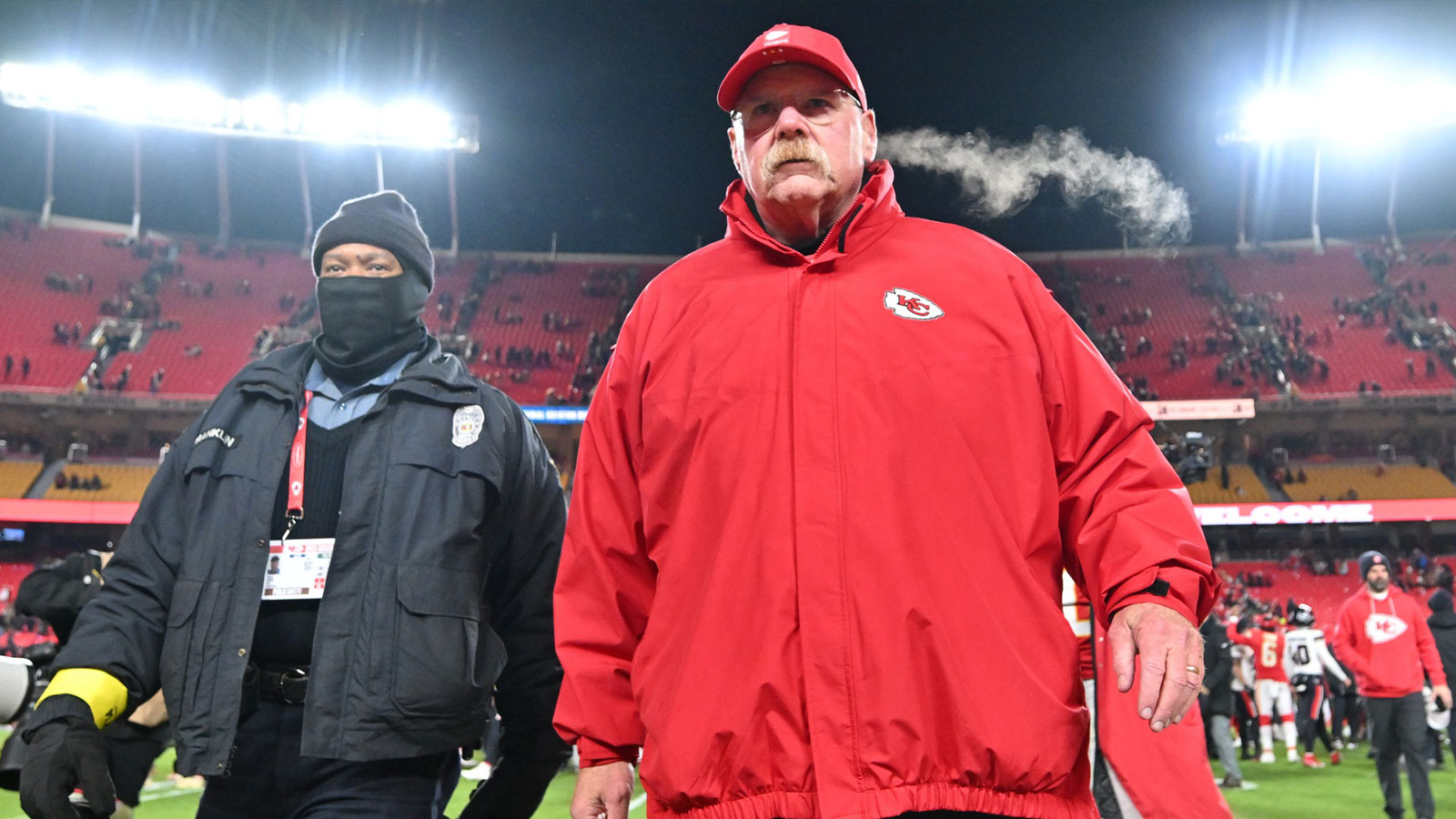 Kansas City Chiefs head coach Andy Reid walks off the field after the game against the Houston Texans at GEHA Field at Arrowhead Stadium.