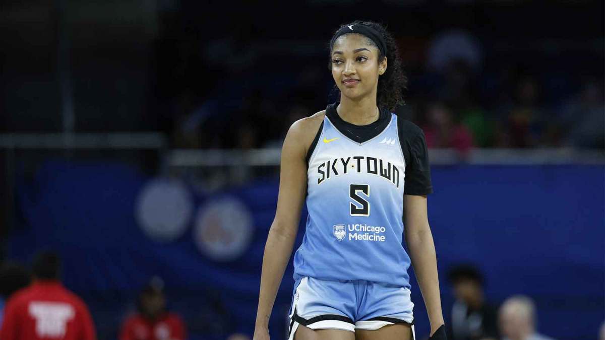 Chicago Sky forward Angel Reese (5) walks on the court during the second half of a WNBA game against the Connecticut Sun at Wintrust Arena.