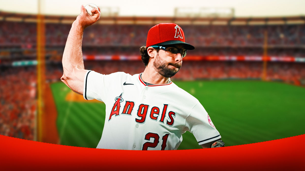 Zac Gallen in a Los Angeles Angels jersey at Angel Stadium.