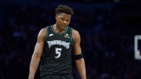 Minnesota Timberwolves guard Anthony Edwards (5) during a stoppage in play against the LA Clippers in the third quarter at Target Center. Mandatory Credit: Matt Blewett-Imagn Images