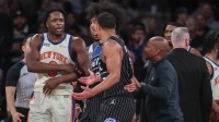 New York Knicks forward Og Anunoby (8) argues with Orlando Magic guard Desmond Bane (3) in the fourth quarter at Madison Square Garden.