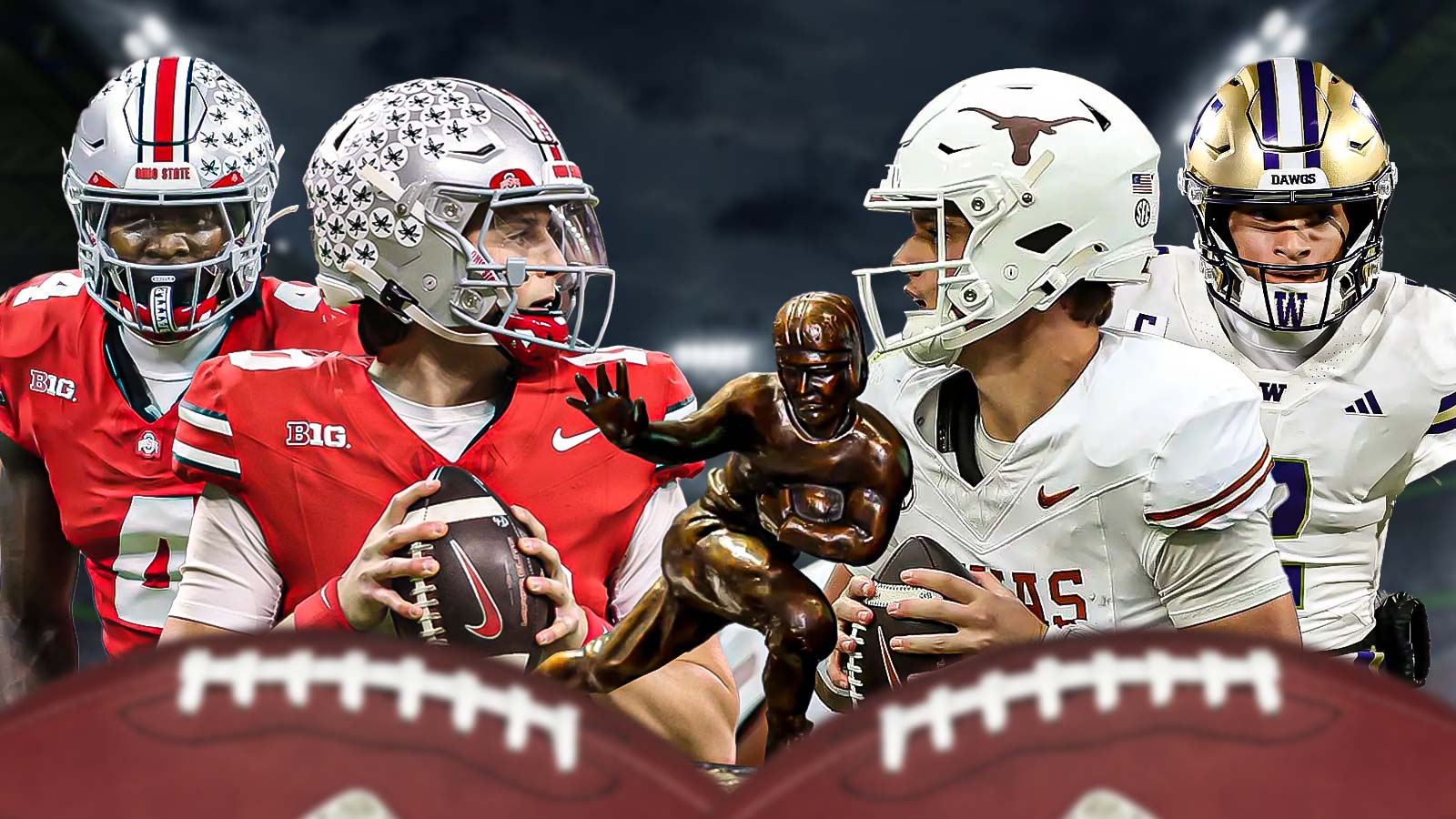 Heisman Trophy in the middle Ohio State's Julian Sayin and Jeremiah Smith on one side Texas' Arch Manning and Washington's Demond Williams on the other side