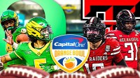 Dante Moore and Kenyon Sadiq with Oregon logo on one side. Jacob Rodriguez and David Bailey with Texas Tech logo on the other side Orange Bowl logo in the middle, Hard Rock Stadium in the background please