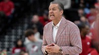 Arkansas Razorbacks head coach John Calipari reacts during the first half against the Houston Cougars at Prudential Center.