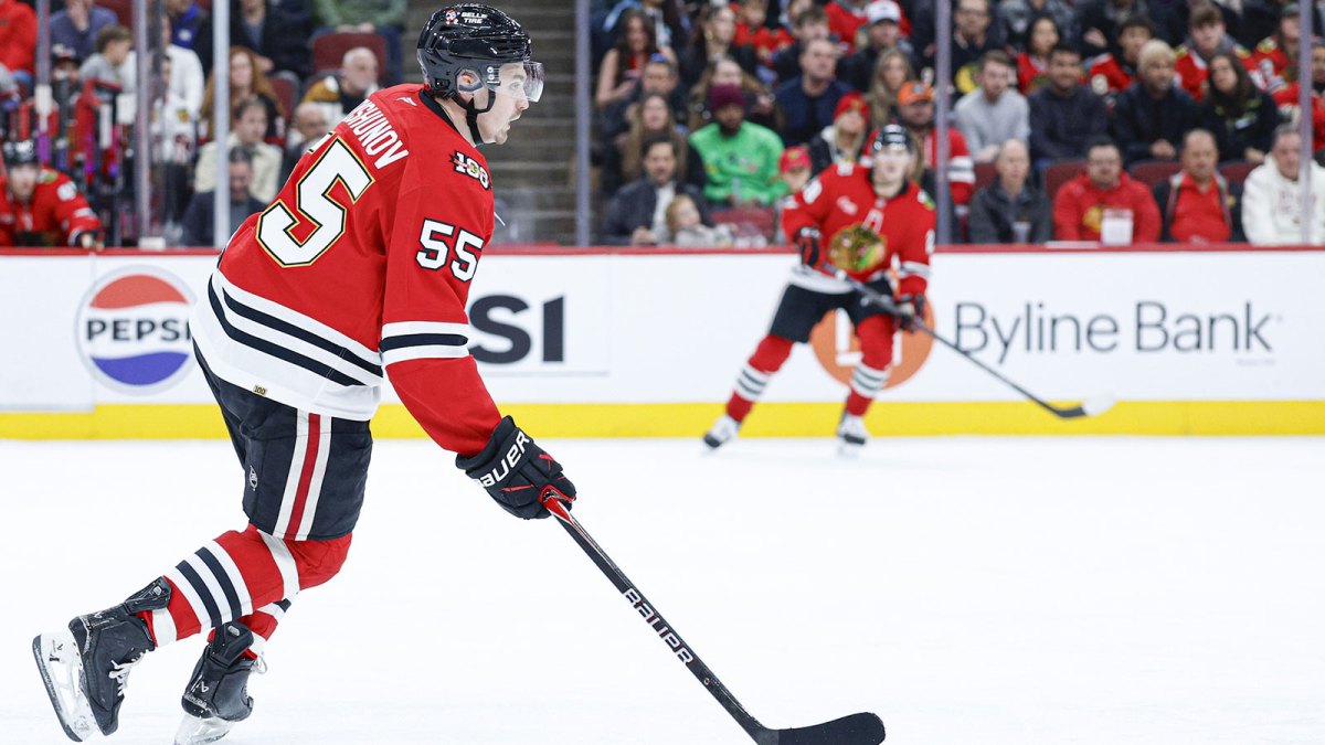 Chicago Blackhawks defenseman Artyom Levshunov (55) looks to pass the puck against the Calgary Flames during the second period at United Center.