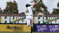 Athletics first baseman Nick Kurtz (16) reacts after hitting a two-run home run against the Kansas City Royals during the eighth inning at Sutter Health Park.