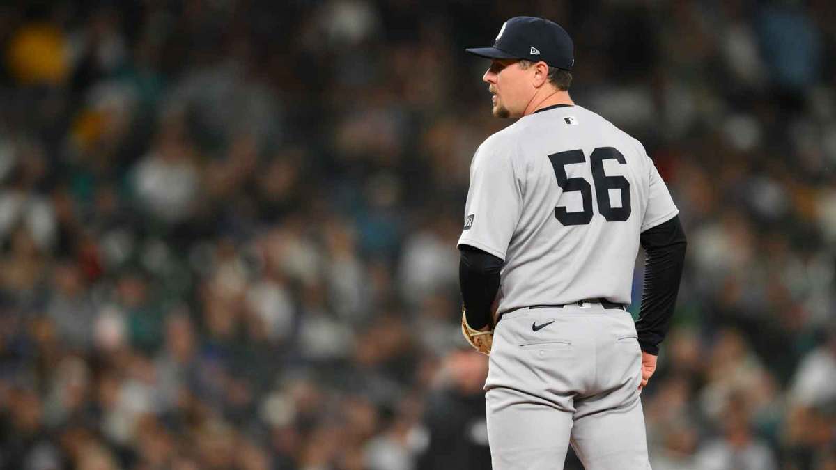 New York Yankees relief pitcher Mark Leiter Jr. (56) waits for the pitch sign during the seventh against the Seattle Mariners inning at T-Mobile Park.
