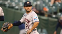 Houston Astros second baseman Jose Altuve (27) looks over his shoulder between plays against the Oakland Athletics during the fourth inning at Oakland-Alameda County Coliseum.
