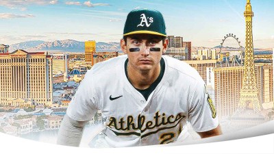 Athletics Tyler Soderstrom in front with the city of Las Vegas in the background.