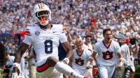 Auburn Tigers wide receiver Cam Coleman (8) celebrates his touchdown as Auburn Tigers take on South Alabama Jaguars at Jordan-Hare Stadium in Auburn, Ala. on Saturday, Sept. 13, 2025.