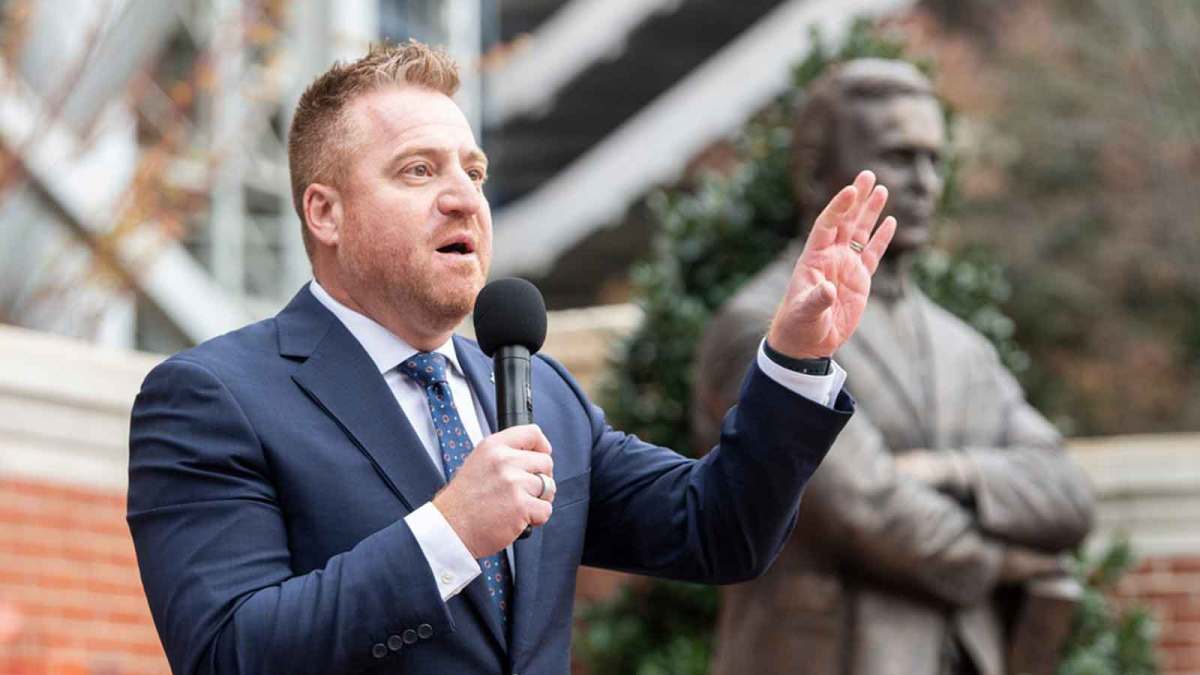 Auburn football head coach Alex Golesh speaks during his introductory Tiger Walk at Jordan-Hare Stadium in Auburn, Ala. on Monday, Dec. 1, 2025.