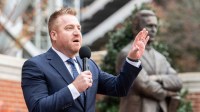Auburn football head coach Alex Golesh speaks during his introductory Tiger Walk at Jordan-Hare Stadium in Auburn, Ala. on Monday, Dec. 1, 2025.