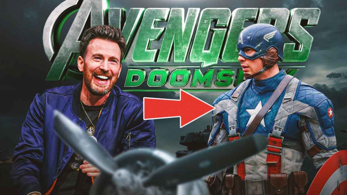Chris Evans next to Captain America with Avengers: Doomsday logo.