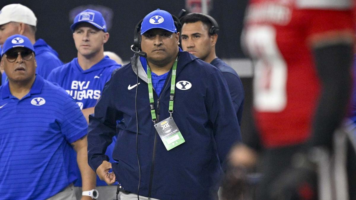 BYU Cougars head coach Kalani Sitake looks on during the first half against the BYU Cougars at AT&T Stadium.